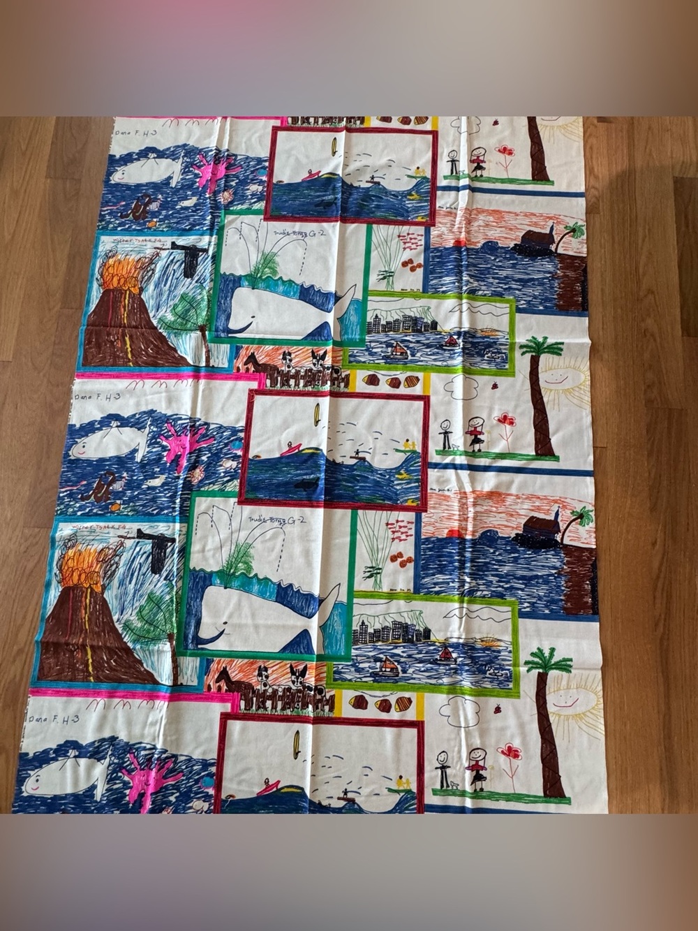 Vintage Hawaiian Textiles Children’s Artwork Fabric Panel 100” x 42.5” Cotton